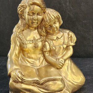 PM Craftsman, Mother and Daughter Reading a Book Brass Figurine. Home Decor